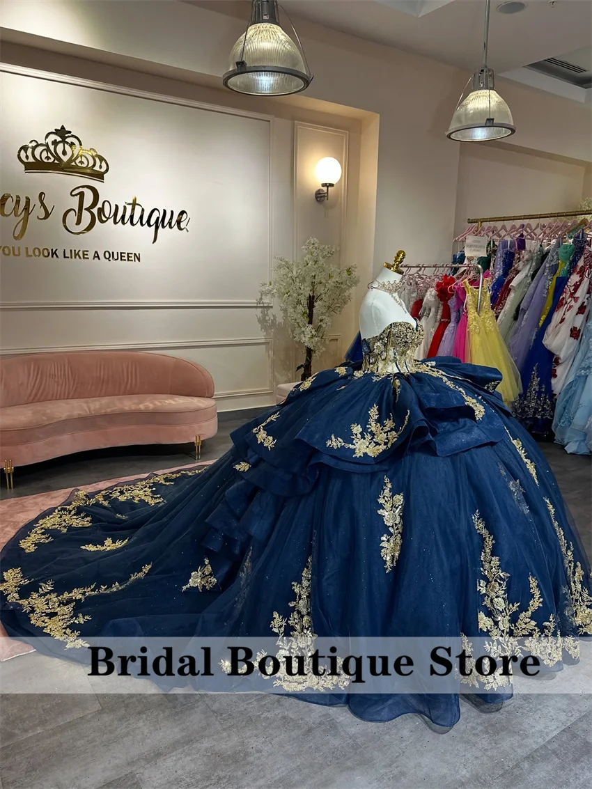 Robes De Quinceanera brillantes bleu marine, dentelle appliquée, perles, cristaux, nœud, fête d'anniversaire, douce 16, personnalisées