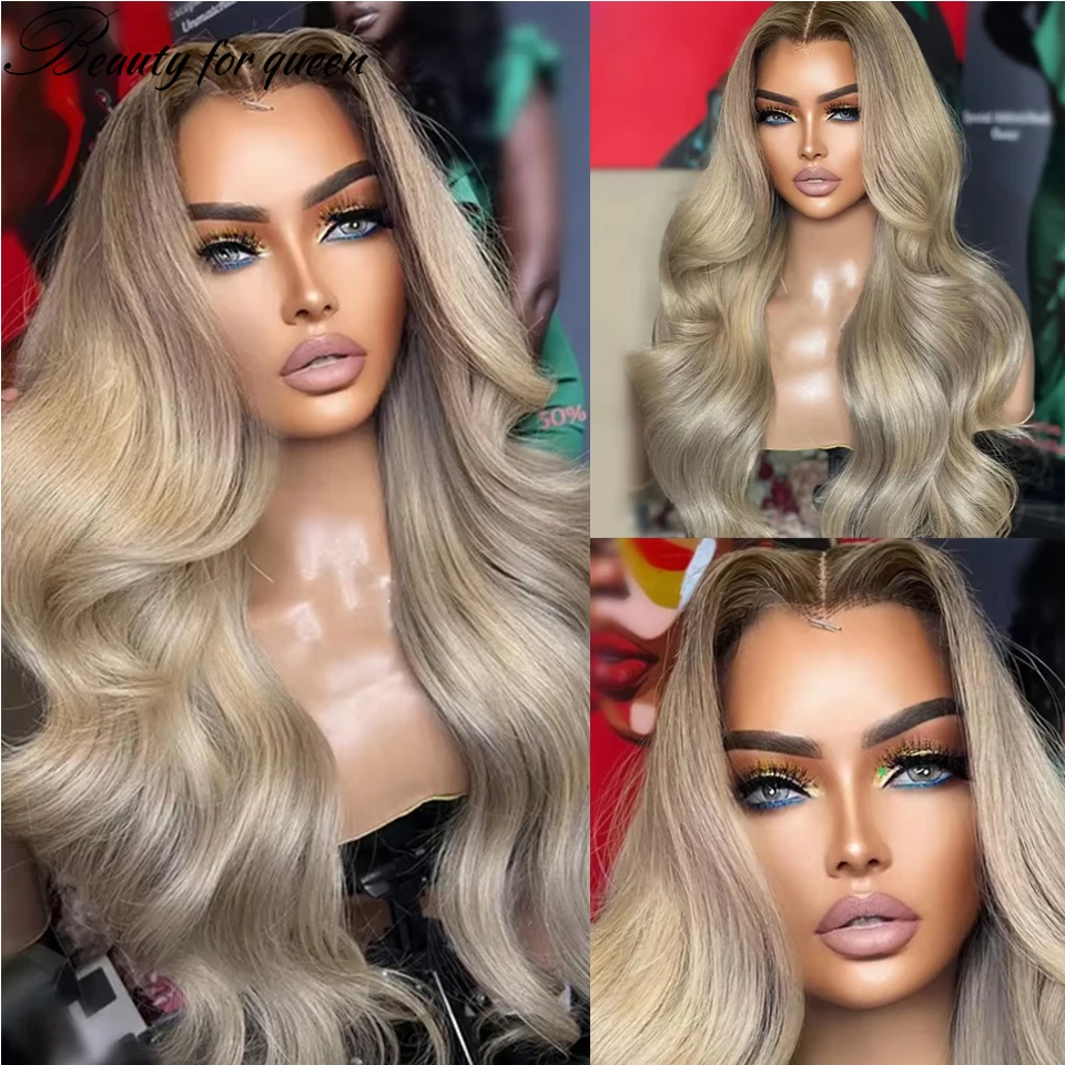 Ash Blonde Lace Front Wig Body Wave Transparent Lace Frontal Wigs Honey Blonde Ombre Colored Human Hair Wigs With Brown Root