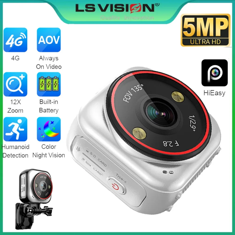 LS VISION 5MP 4G Pocket AOV Mini Camera Outdoor 24/7 Video Record Battery Security Camera Portable Action Vlog Sports Travel Cam