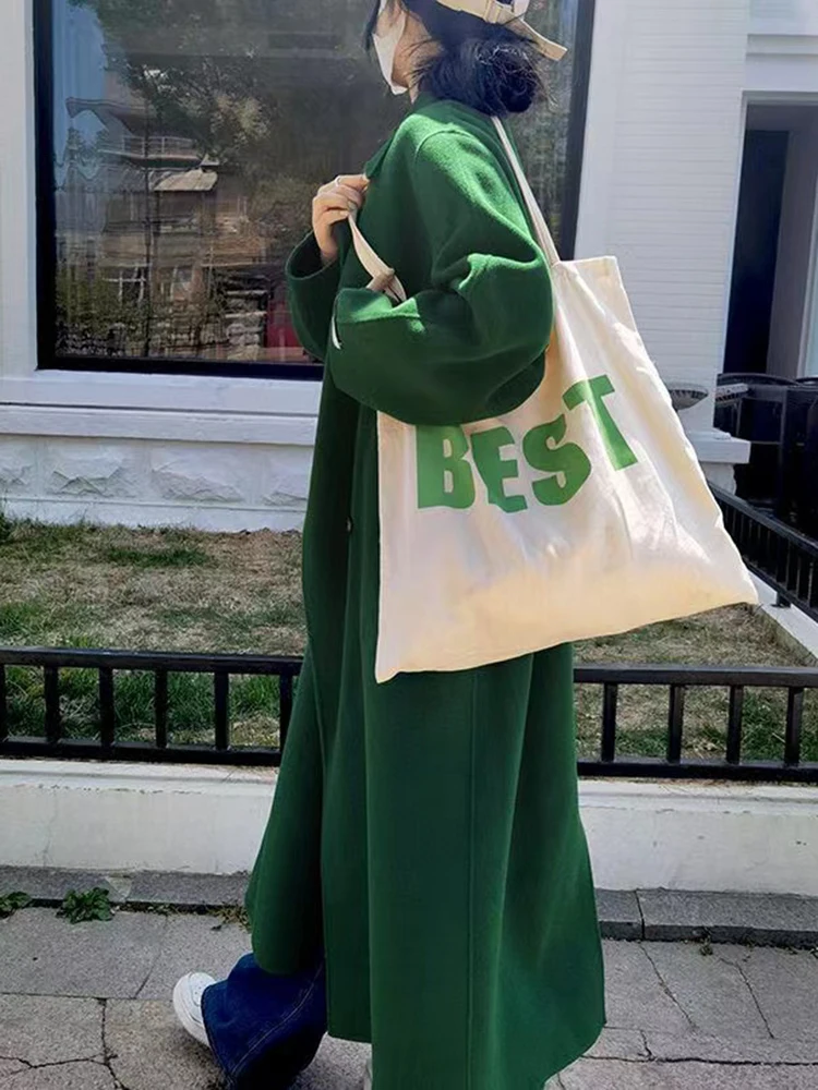 Nowy Zielony Damski Gruby Kaszmirowy Wełniany Długi Płaszcz Elegancki Sznurowany Kołnierz Dwustronny Wełniany Płaszcz Luźny Damski Jesień Zima