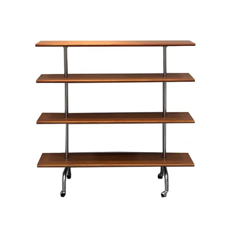 

Storage retro multi-layer storage floor rack, wheeled trolley solid wood bookshelf
