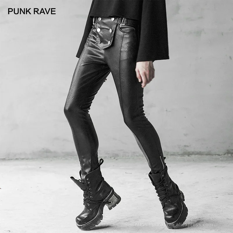 

PUNK RAVE Women's Punk Military Uniform Buckle Skinny PU Leather Pants with Belt Elastic Zipper Handsome Black Pencil Trousers