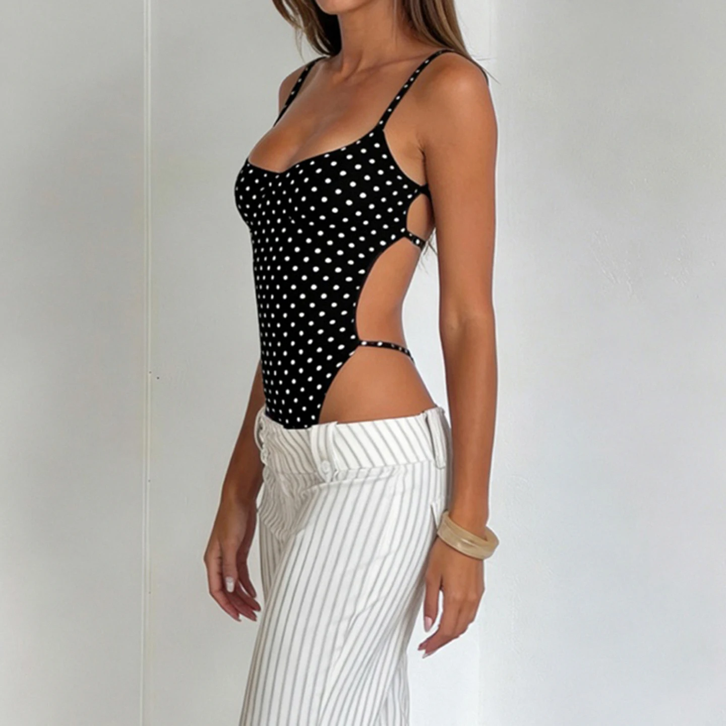 SUCHCUTE Sexy Polka-dot Print Backless Jumpsuit For Women Y2k Aesthetic Rompers Party Club Bodysuits Summer One-piece Suit Chic