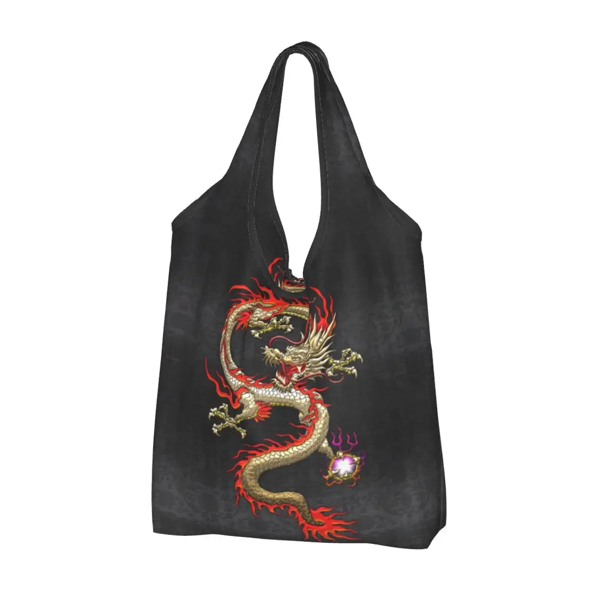 Fashion Printing Golden  Dragon Fucanglong Tote Shopping Bag Portable Shopper Shoulder Asian Style Mythology Handbag