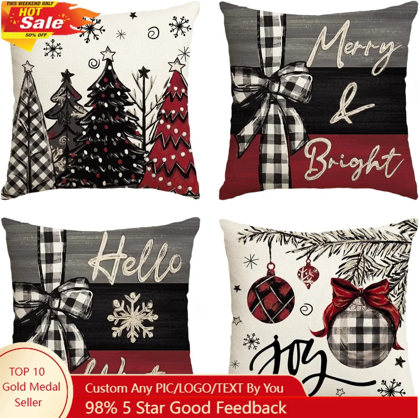 

AVOIN colorlife Merry Christmas Joy Xmas Trees Red Throw Pillow Covers, 18 x 18 Inch Christmas Winter Holiday Cushion Case Decor