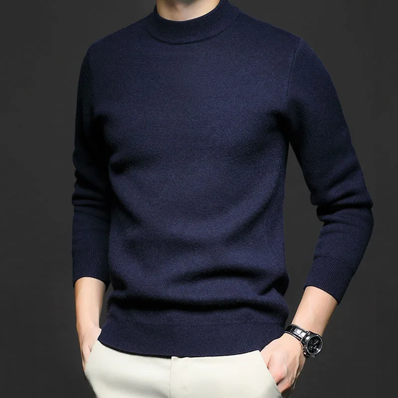 Pull chaud en velours pour hommes, couleur unie, Simple, Slim Fit, manches longues, tricoté de haute qualité, col rond, automne hiver