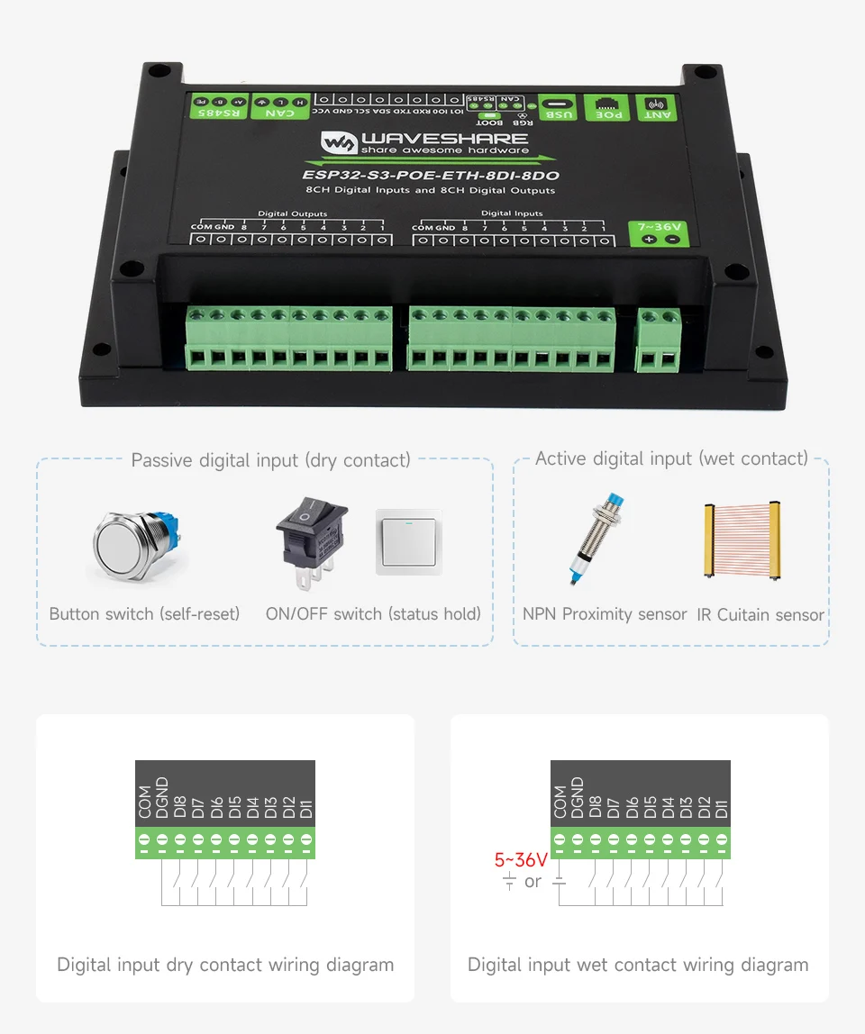 Industrial ESP32-S3 Control Board With 8-Channel Digital Input & Output, Built-in Xtensa 32-bit LX7 Dual-core Processor