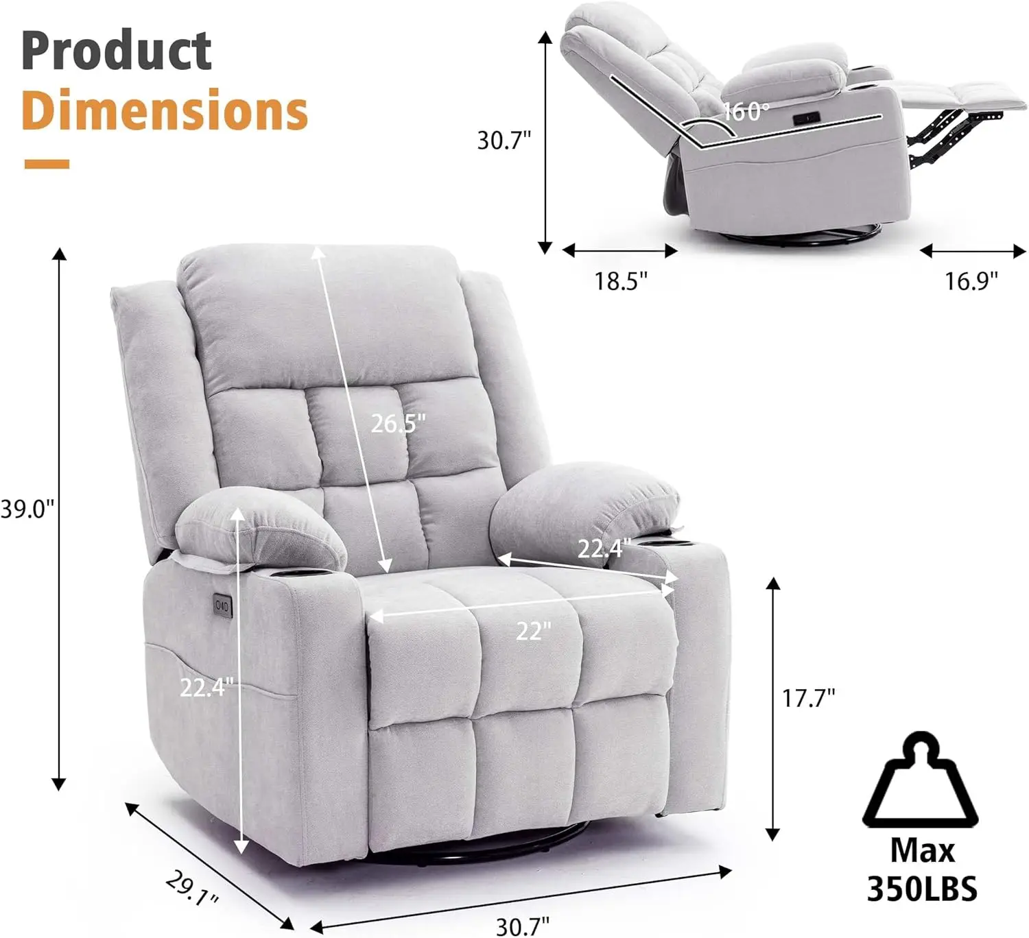 Power Swivel Rocker Recliner Chair for Adults with Massage and Heat USB and Type-C Ports Infinite Position Grey