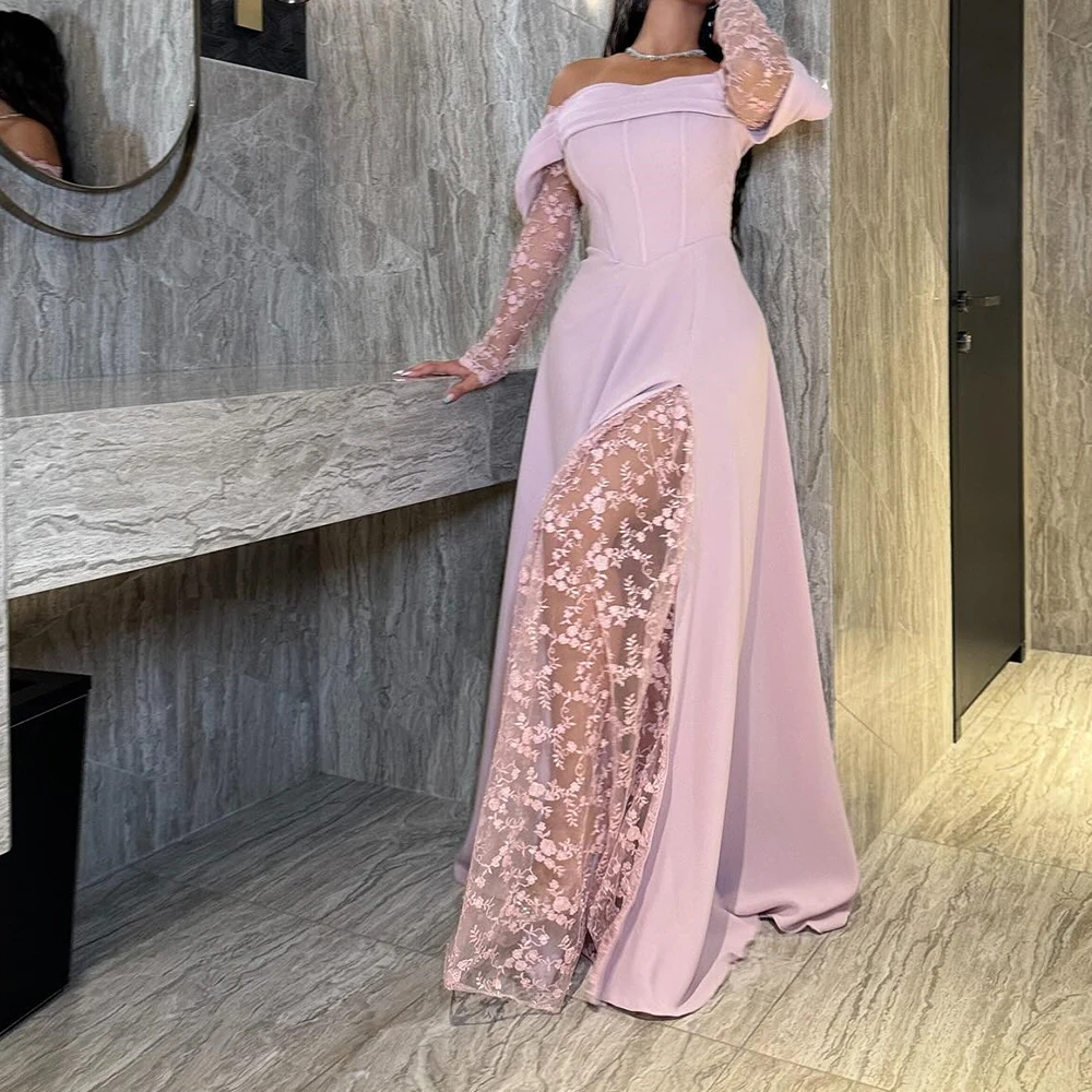 

Customized Exquisite Off the Shoulder Appliques Strapless Evening Dress Elegant Jersey Long Sleeves Pleats Vestido De Noche