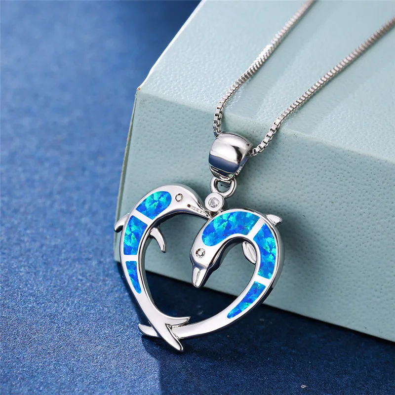 

2025 Cute Women Double Dolphin Heart Necklace Party Girl Gift Fashion Jewelry White/Blue Imitation Opal Necklace for Women
