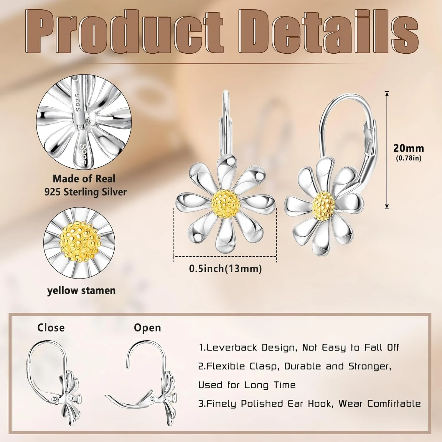 Fansilver 925 Sterling Silver Daisy Earrings Flower Drop Dangle Earrings Flower Jewelry Gifts for Women for Sensitive Ears