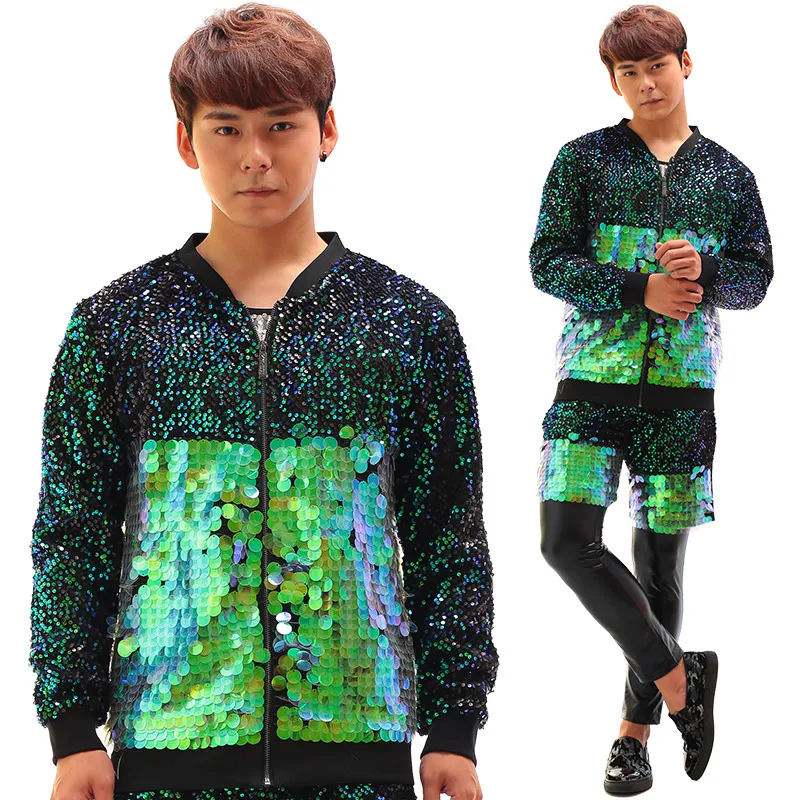 Rock Hip Hop Male Singer Dancer Performance Clothes Glitter Green Scales Sequin Jacket Pants 3 Piece Set Nightclub Stage Costume