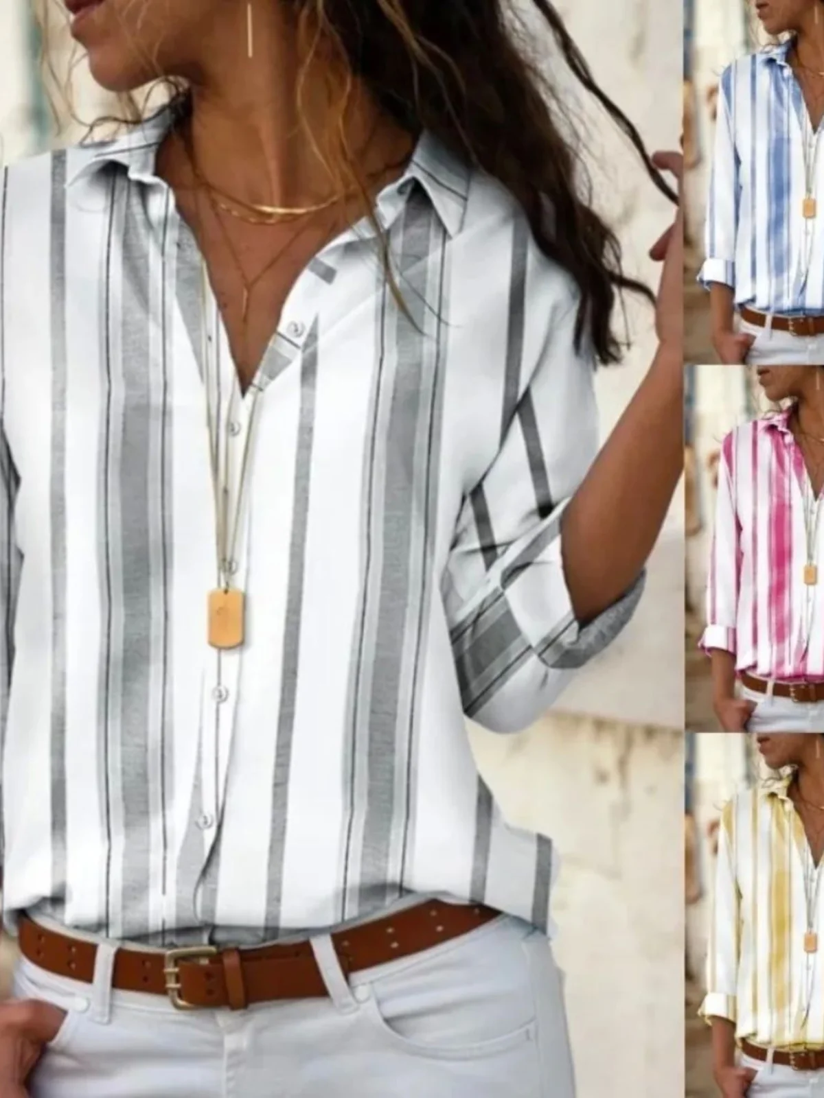 루즈핏 스트라이프 라펠 여성 셔츠 스트리트 스타일 긴팔 단색 버튼업 캐주얼 패션 가을 컬렉션