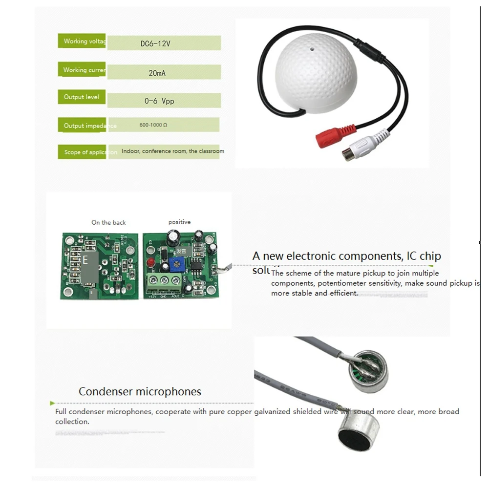 Audio Monitoring MIC Sound Pickup Microphone for CCTV Surveillance Security IP Camera Built in Preamp Wired Voice&A22K