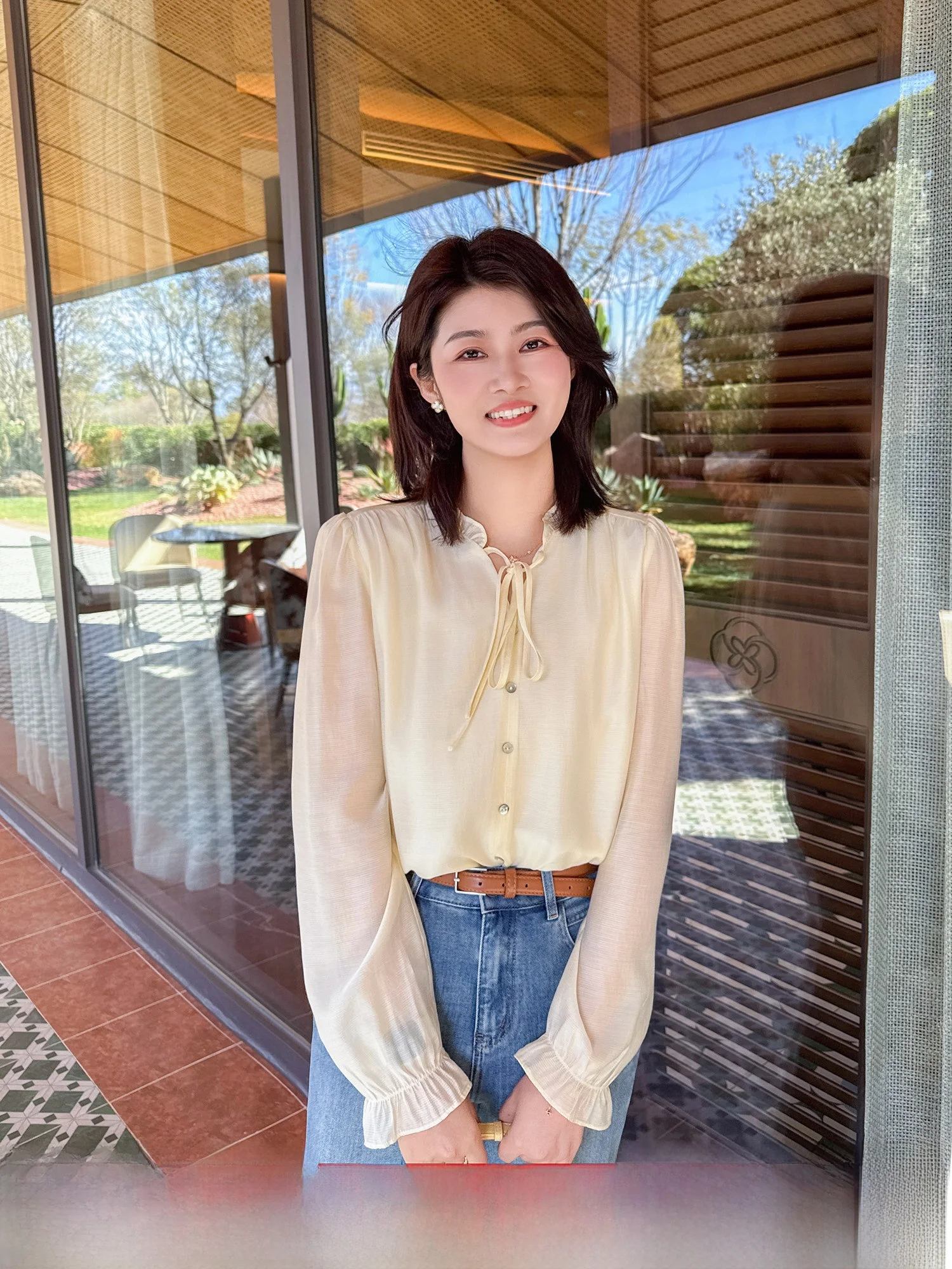 

Zillal Purple Soft Spoken Gentle Wind Modal Belted Pleated Lace Sleeve V-Neck Shirt Top Elegant Loose Fit Long Sleeve Women's...