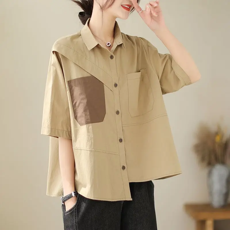 Summer Woman Blouse Unique Stylish Mori Style Top Asymmetric Design Patchwork Neutral Hipster Multi-element Creative Loose Youth