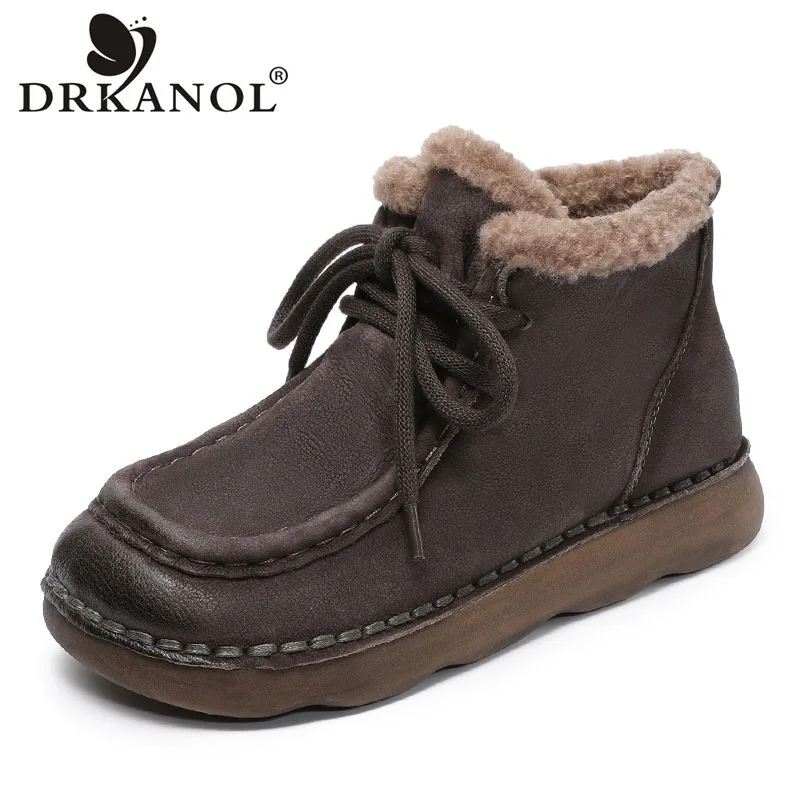 

DRKANOL 2025 Women Winter Snow Boots Handmade Retro Style Cow Genuine Leather Soft Plush Warm Ankle Boots For Women Cotton Boots