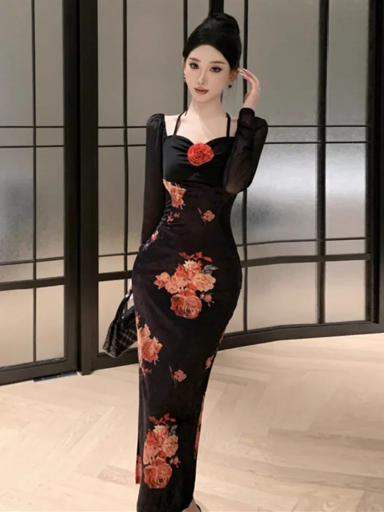 Topanoma Evening Dresses Women Vintage Sexy Flowers Velvet Patchwork Mesh Long Sleeve Square Collar Vintage Cocktail Dress Party