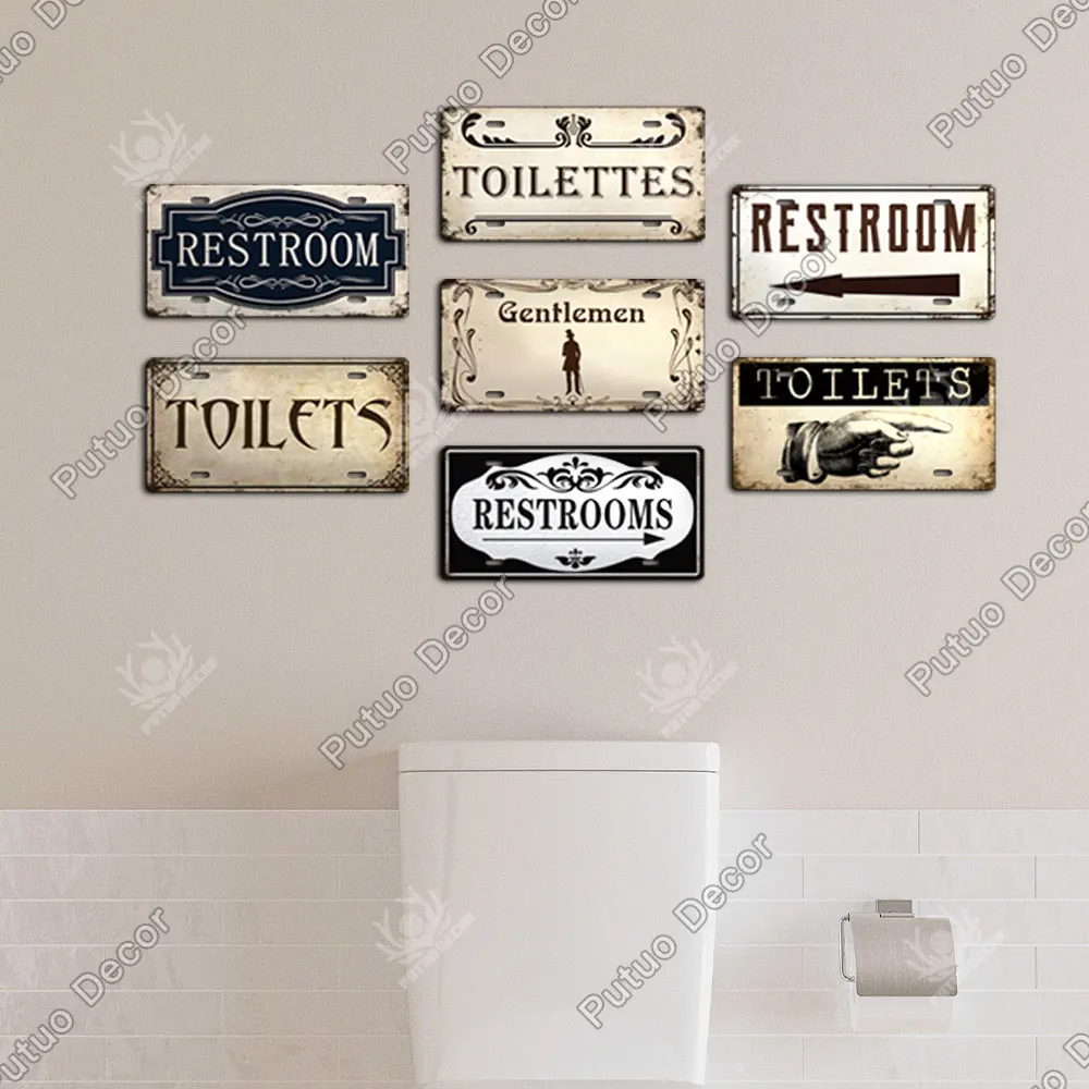 Putuo Decor Restroom Metal Sign Plaque Metal Vintage License Plate for Bar Club Toilet Bathroom Restroom Toilettes Door Decor