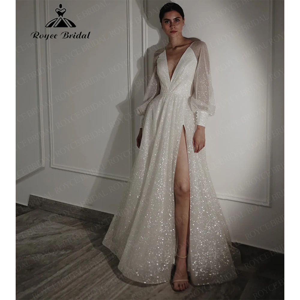 Roycebridal Sexy V Neck Sparkly Organza Wedding Dress 2025 A Line Long Sleeve High Split Floor Length Bridal Gowns Customized