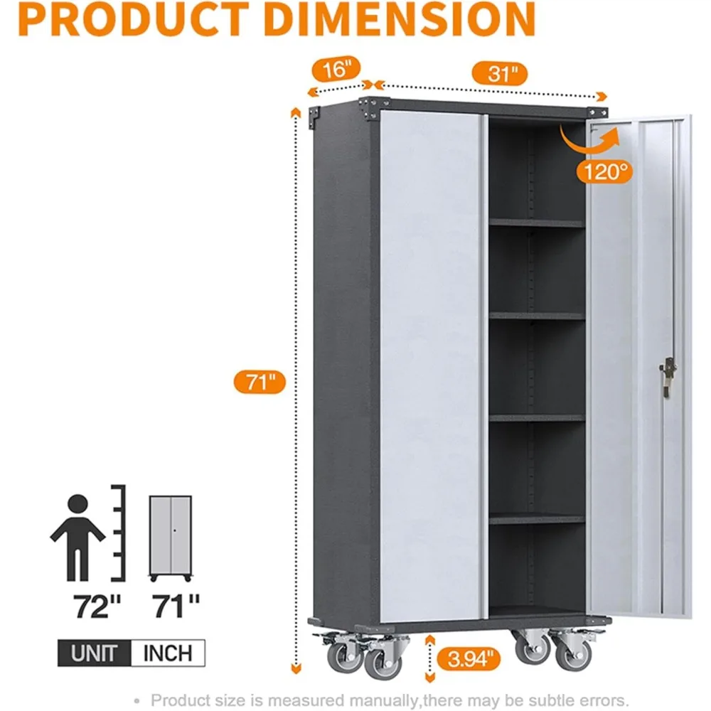 71" Metal Storage Cabinet with Wheels,Garage Storage Cabinet with Locking Doors and 4 Shelves,Lockable Rolling Tool Cabinet for