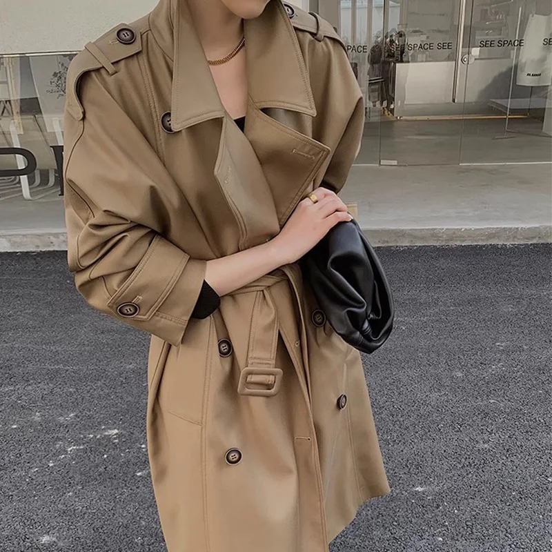 

2023 Women Autumn Dark Khahi Trench Coat Turn Down Collar Women Long Coat With Belt Casaco Feminino New Trench Femme