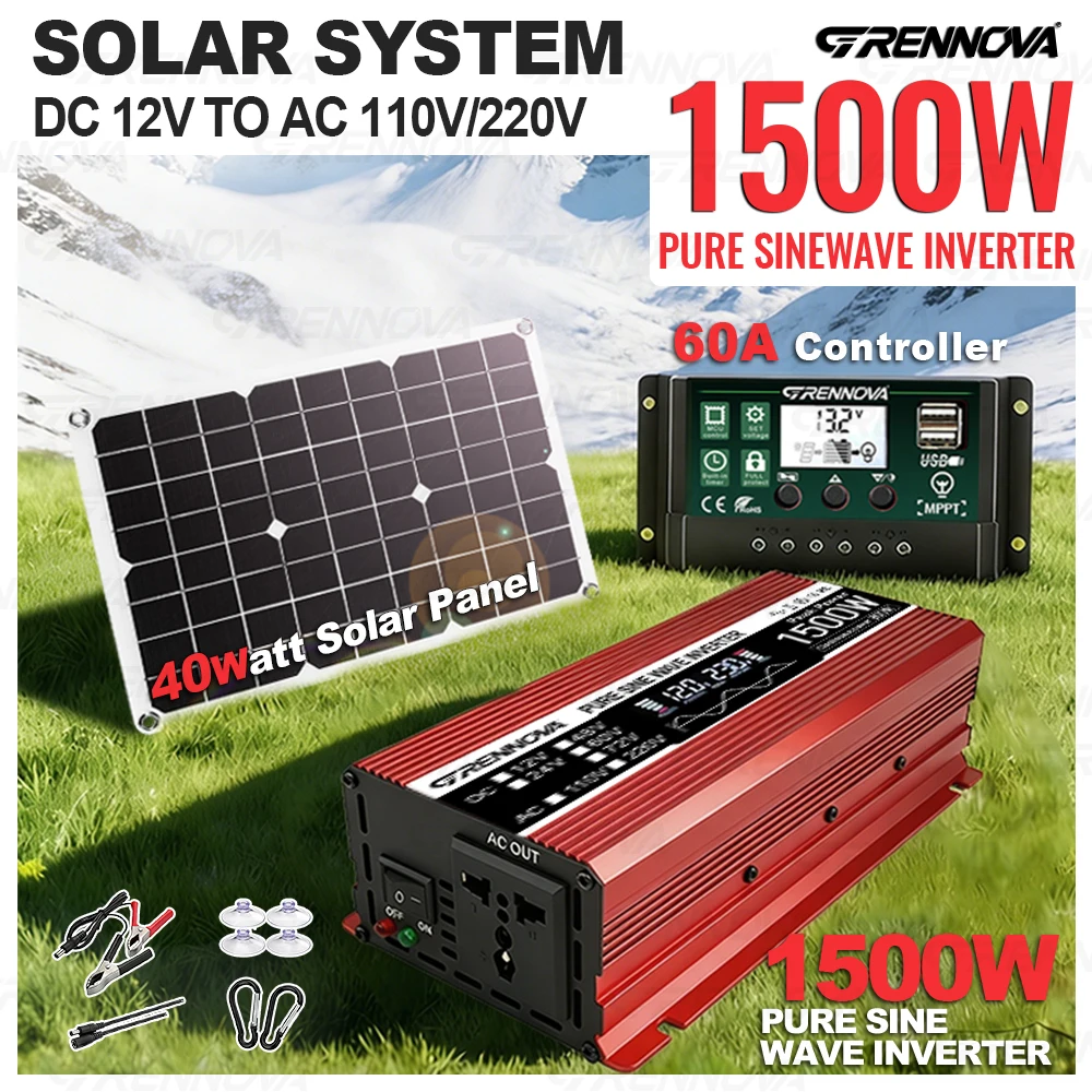 Grennova Multi Function 1500W Peak Solar Kit 40W Panel Pure Sine Wave Inverter Controller for Emergency light Beach Party Radio