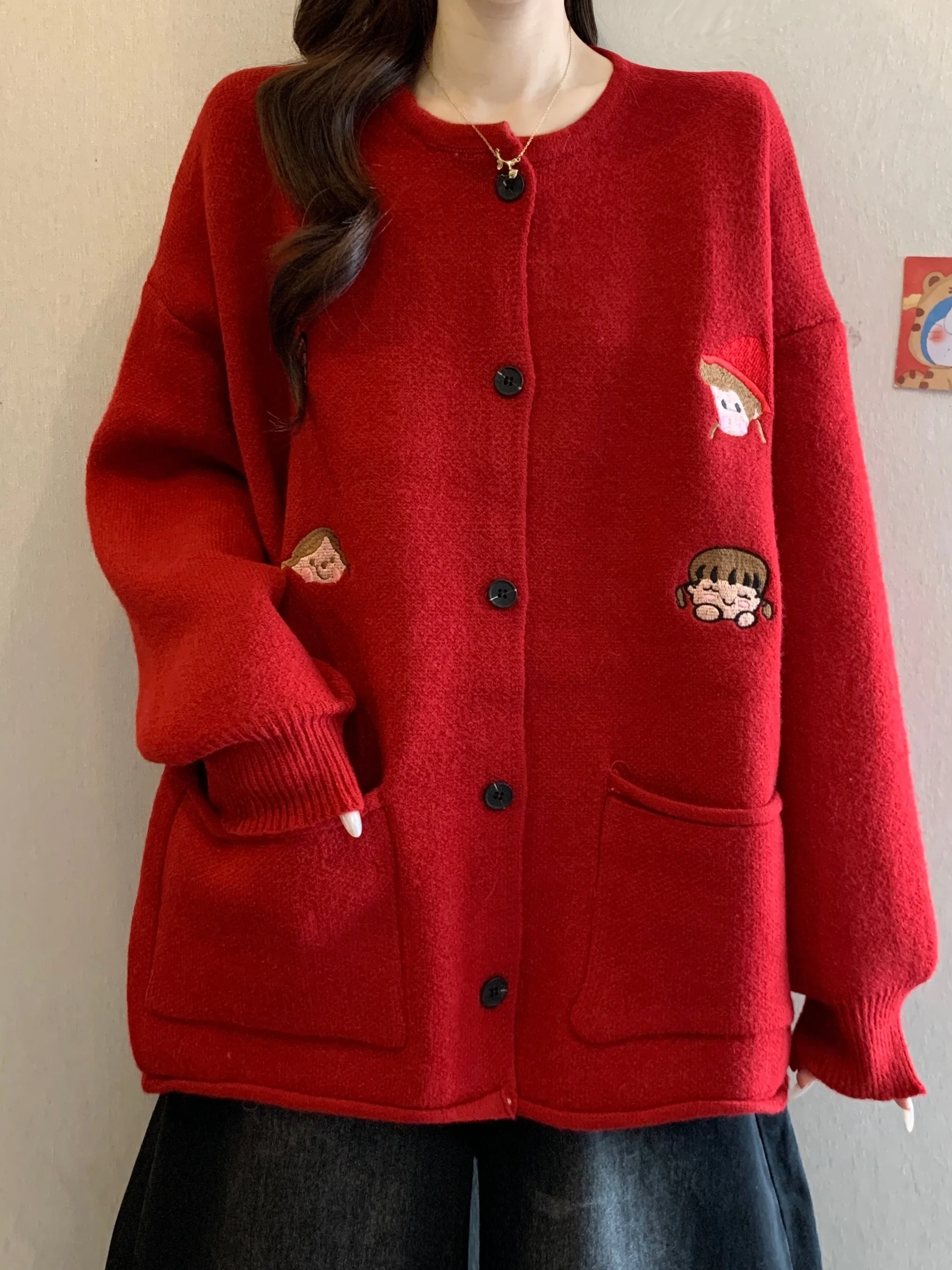 

Sweet Youthful Red Embroidered Knit Sweater Jaet plus Size Lazy Winter Outerwear Thiened Women's Casual Cardigan