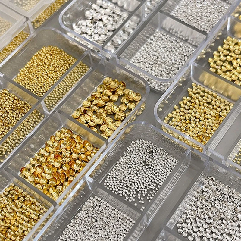 New 6 Grid/box Gold Silver Half Round Rivets Nail Charms 0.8-3mm Flat Back Round Metal Nail Bead Micro Ball Mani Bead