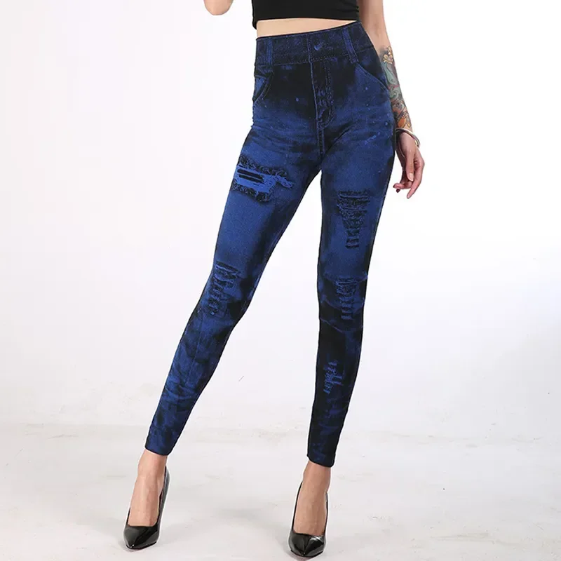 Women\'s High-Waist Imitation Jeans Stretch Leggings Slim Fit Push-Up Gym Streetwear Casual Fashion Ladies\' High Waist Leggings