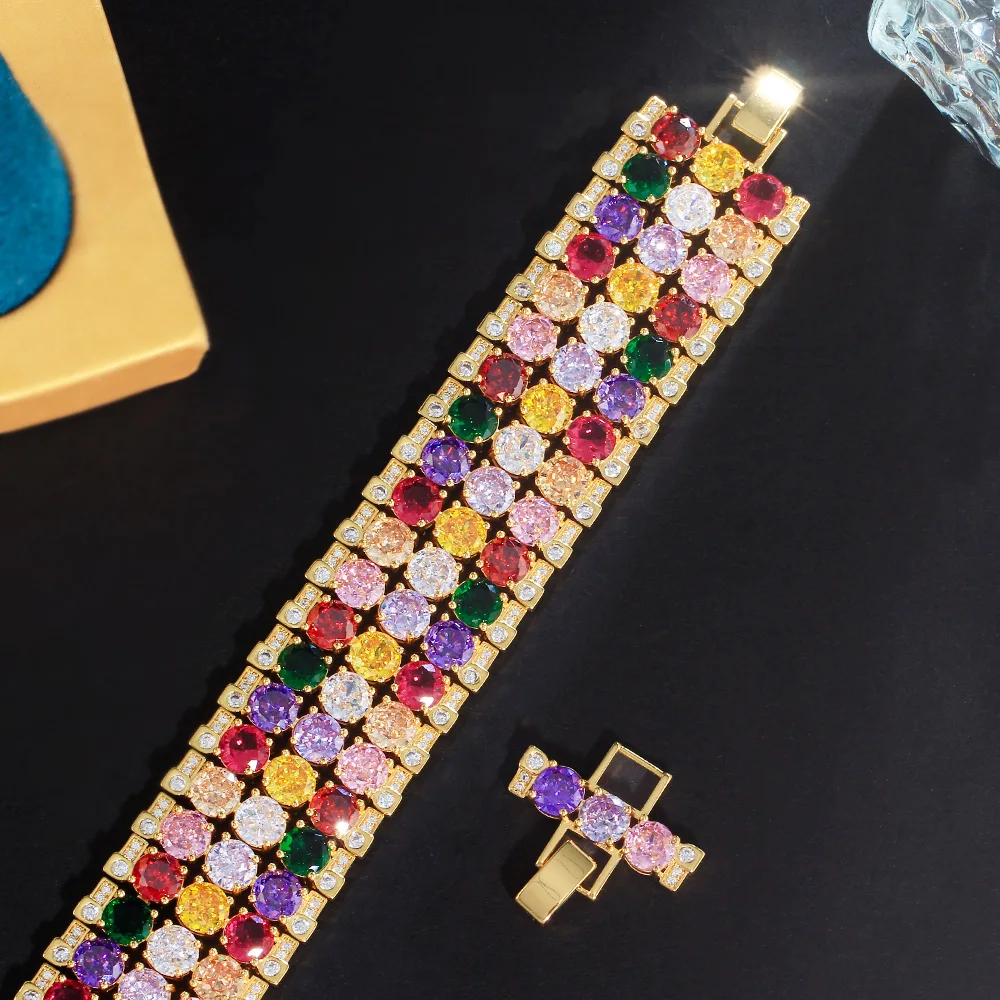 CWWZircons Heavy CZ Stone Work Multicolor Round Cubic Zircon Big Luxury Wedding Bracelet Bangle Dubai Gold Plated Jewelry CB342