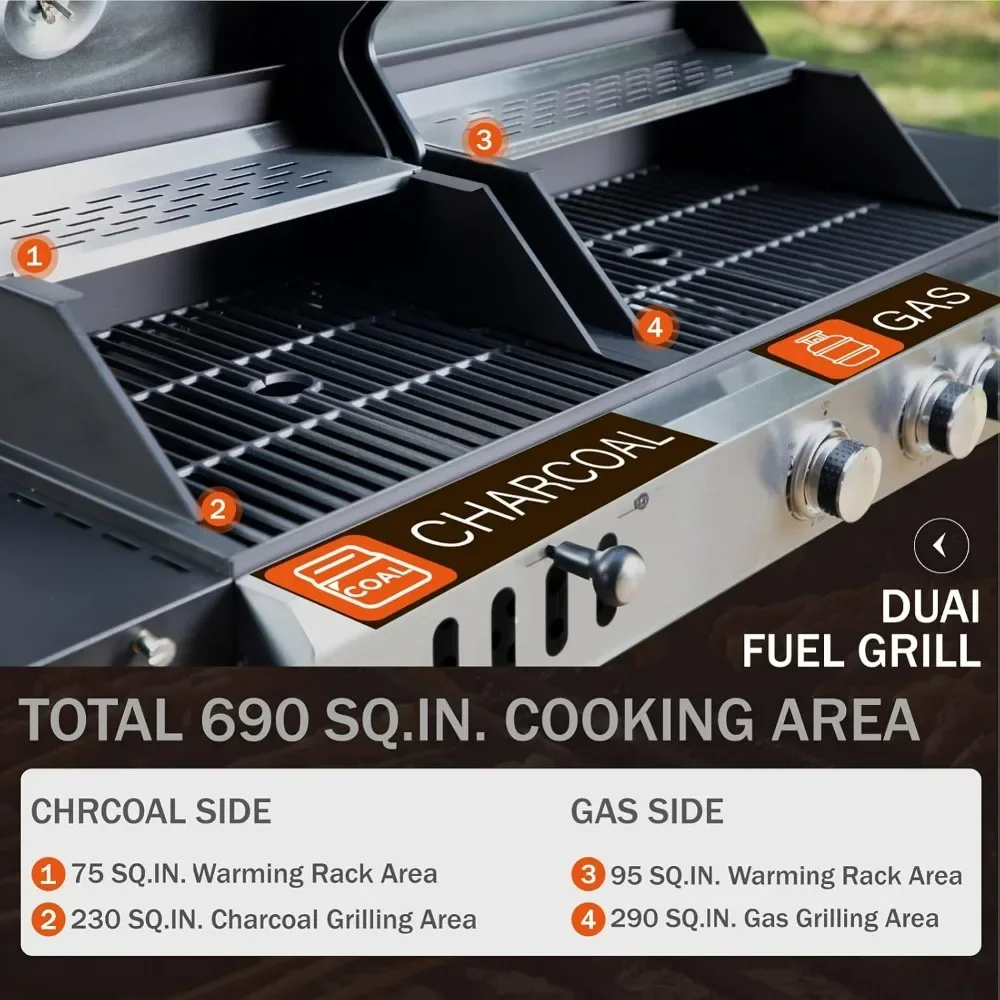 Barbecue Grill, Charcoal and Propane Gas Grill Combo with Side Burner & Porcelain-Enameled Cast Iron Grate, Dual Fuel BBQ Grill