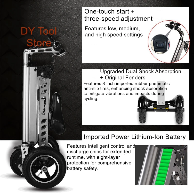 Bicicleta elétrica dobrável ultraleve, bicicleta com bateria de lítio para adultos, bicicleta elétrica pequena portátil de três rodas