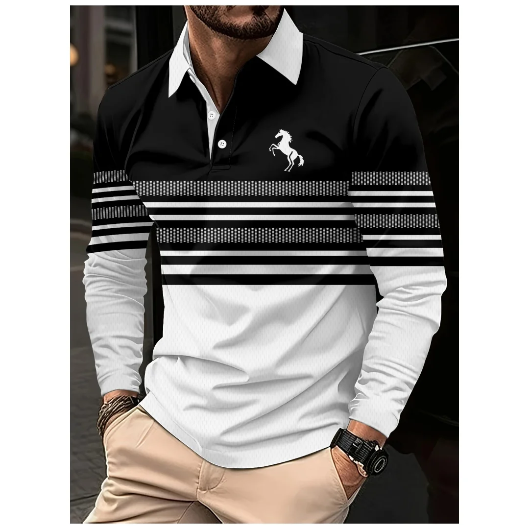 Polo-Shirt mit horizontalen Streifen für Herren, Herbst-Winter, langärmelig, Sport-Polo-Shirt für Outdoor und Golf, Freizeitkleidung für Herren