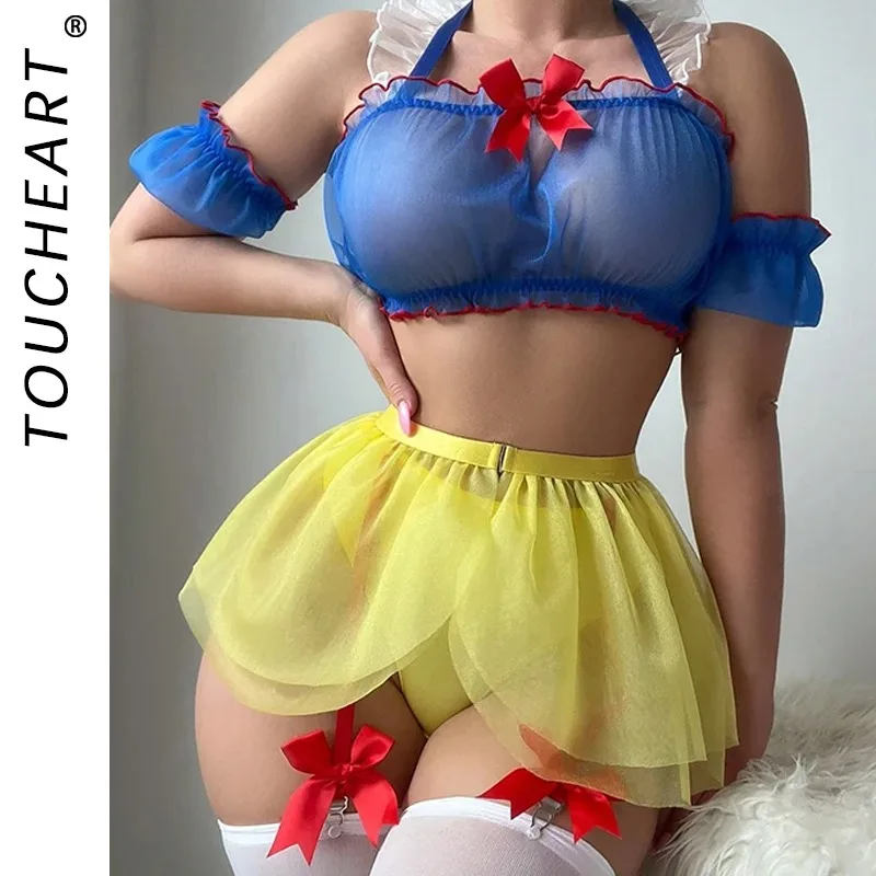 Toucheart Sexy Lingerie Sexy Uniform Maid Outfit Erotic Cosplay Sexy Costume For Women Transparent Mesh Role Play Outfit Garter