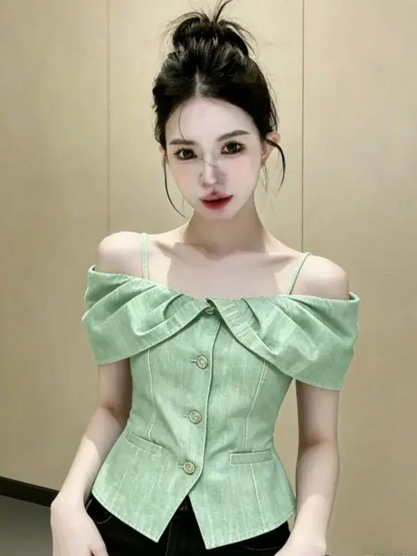

Elegant Green One-Shoulder Shirt Women's Top Casual Loose Fit Breathable Skin-Friendly Summer New Arrival High-End Fashion