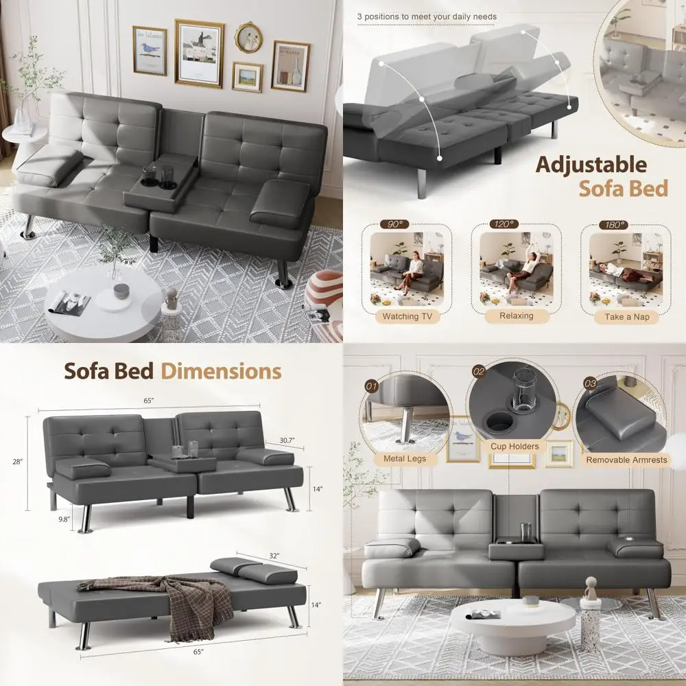 futon sofa bed loveseat with removable armrests, faux leather upholstery, metal frame, living room sleeper couch
