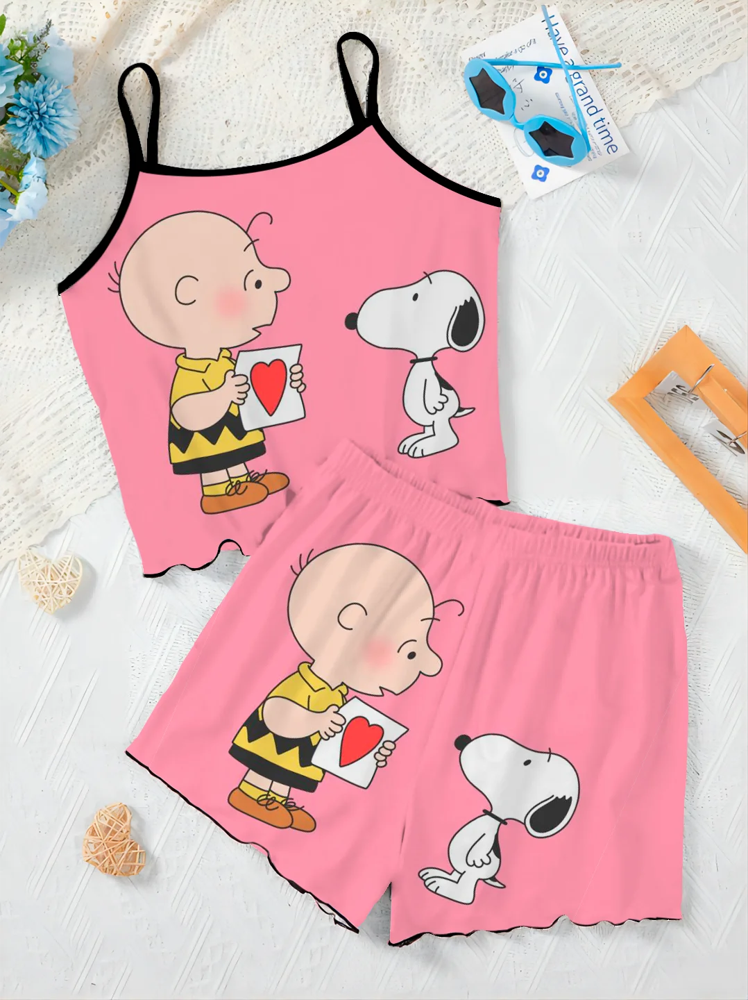 Top Lettuce Trim T-shirt Slip Dress Pajama Skirt Pants Sets for Women 2 Pieces Women's Suit Snoopy Short Elegant Set Woman Chic