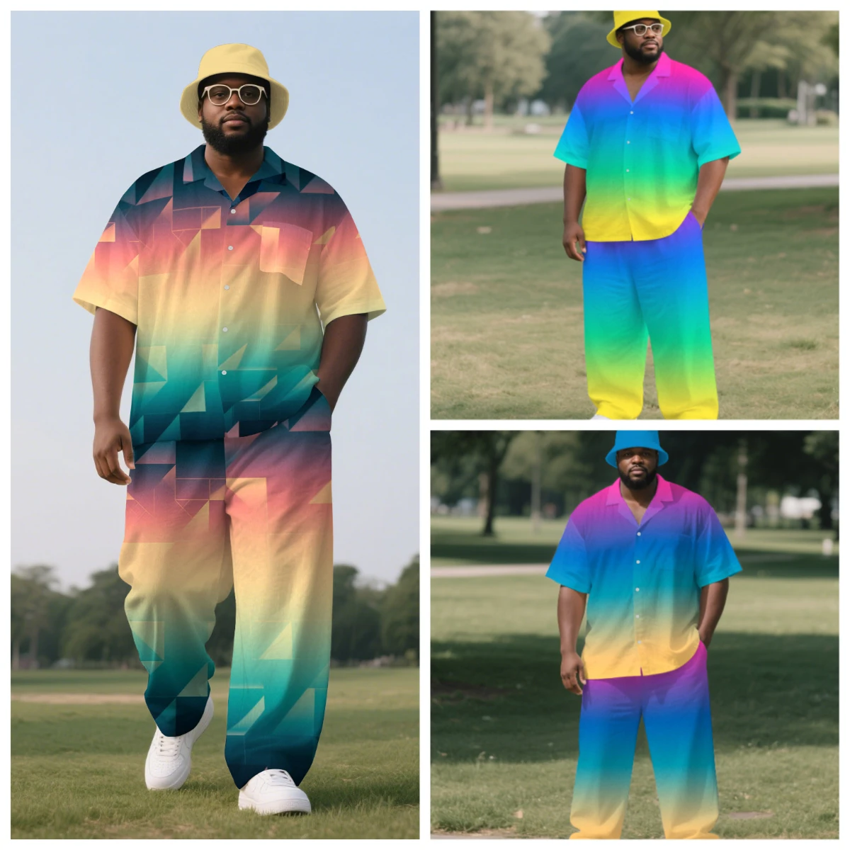

S-9XL Plus Size Men's Gradient Geometric &Rainbow Print Shirt & Pants Set, Multi-Design Casual 2-Piece Summer Outfit Collection