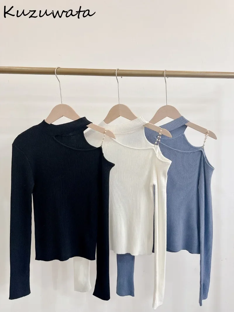 Kuzuwata Exquisite O Neck Off Shoulder Minority Sweaters Hollow Out Slim Knit All-match Pullover Japan Pearl Chain Elegant Tops