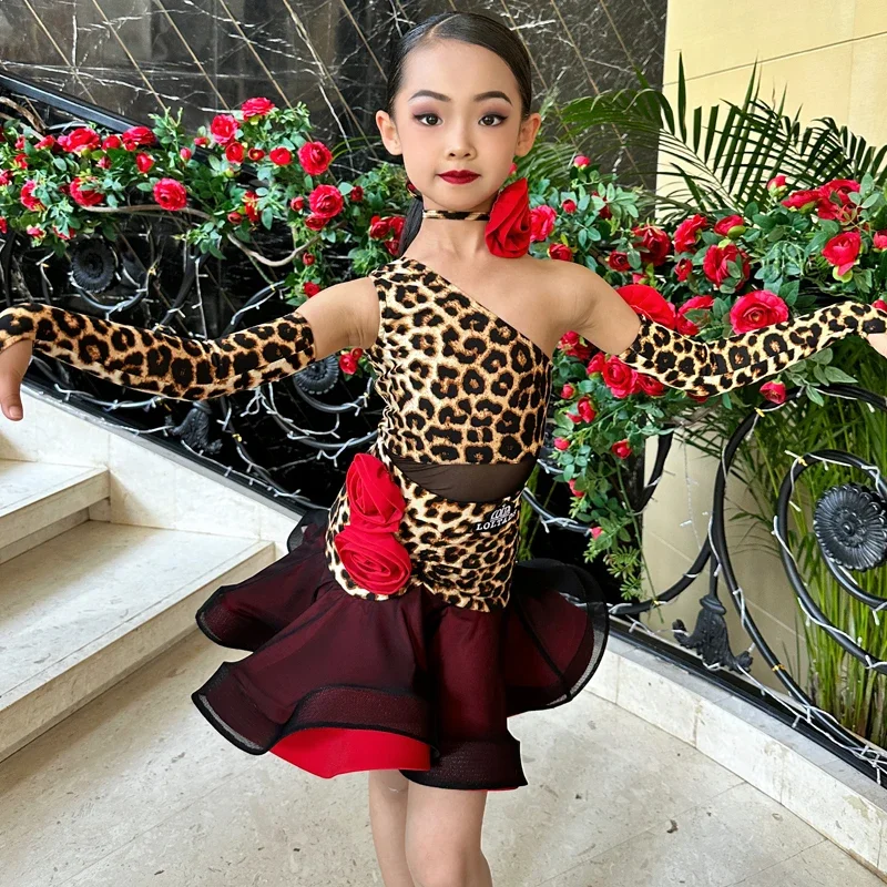 One Shoulder Leopard Latin Dance Dress Girls Latin Professional Dress Salsa Wear Latin Performance Dancing Dress