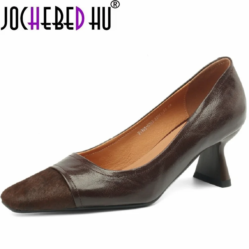 

【JOCHEBED HU】New Spring/Autumn Shoes Women Square Toe Chunky Heel Mary Janes Solid Pumps Split Genuine Leather Classics Shoes