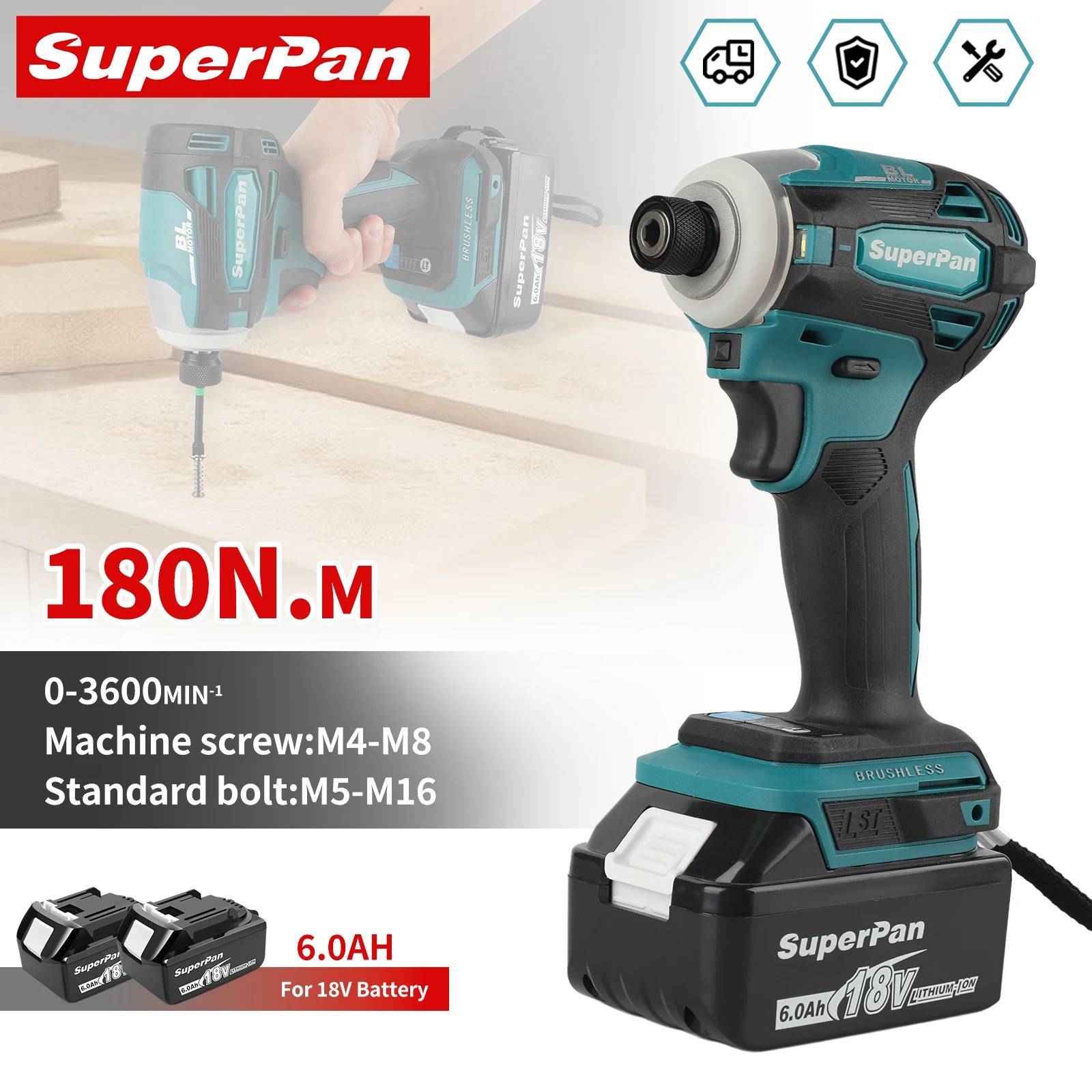 

Аккумуляторный ударный шуруповерт Superpan DTD172 LXT BL с бесщеточным двигателем, 18В, для работы по дереву, режим T, 180 Н·м, электроинструмент