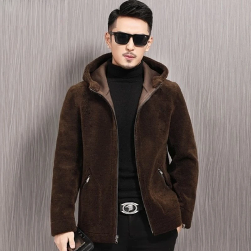 Real Fur Coat Men Hooded Autumn Winter Leather Jacket Man Natural Sheep Shearing Wool Jacket OutwearTwo Side Wear A38