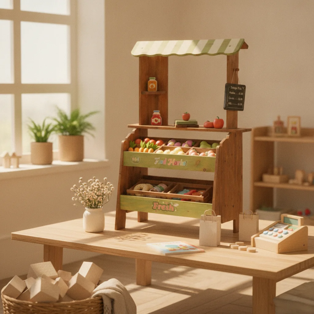 wooden-market-stand-green-accents-children's-market-stand-selling-stall-toy-storage-shelves