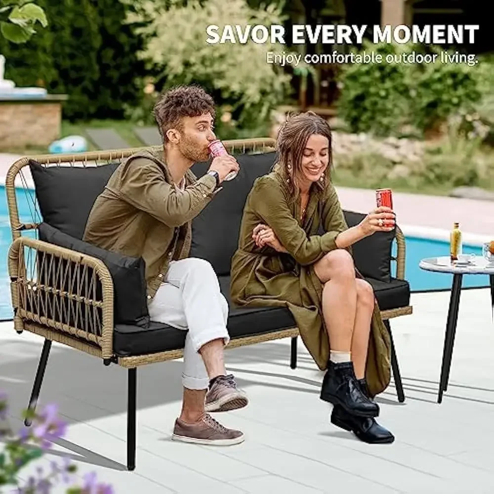 Cadeira de jardim, sofá de vime de dois lugares com vime e almofadas tecidas à mão, móveis de varanda para quintal, varanda e deck