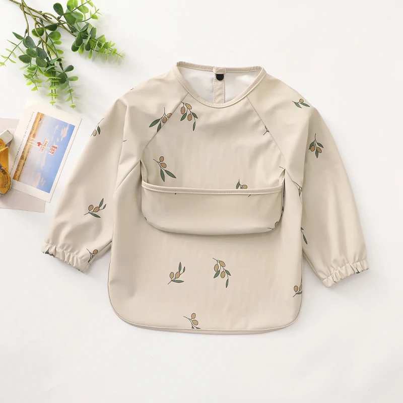 New Children Feeding Aprons Long Sleeve Baby Bib With Pocket Full Cover Kid Gown With Bag Waterproof Long-Sleeve Smock