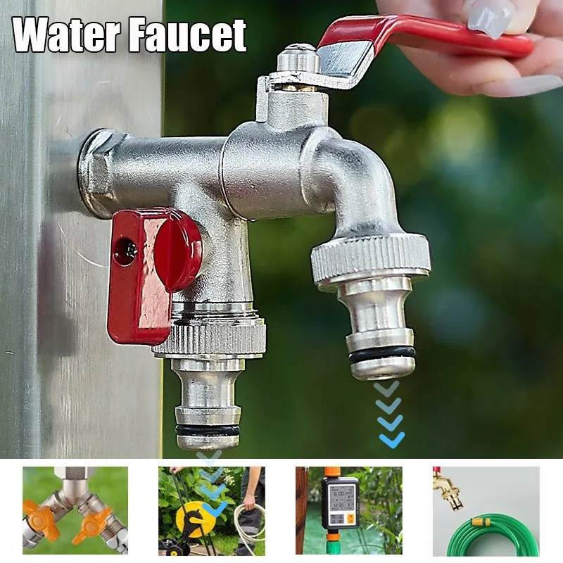Garden Tools Brass Water Faucet Zinc Alloy, 1 Inlet 2 Outlet, Rust-Proof & Anti-Frost, Easy Install with Dual Nipple