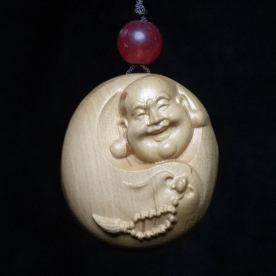 Chinese boxwood Hand carved Happy Maitreya Buddha Statue Amulet Haversack necklace netsuke decorated Gift