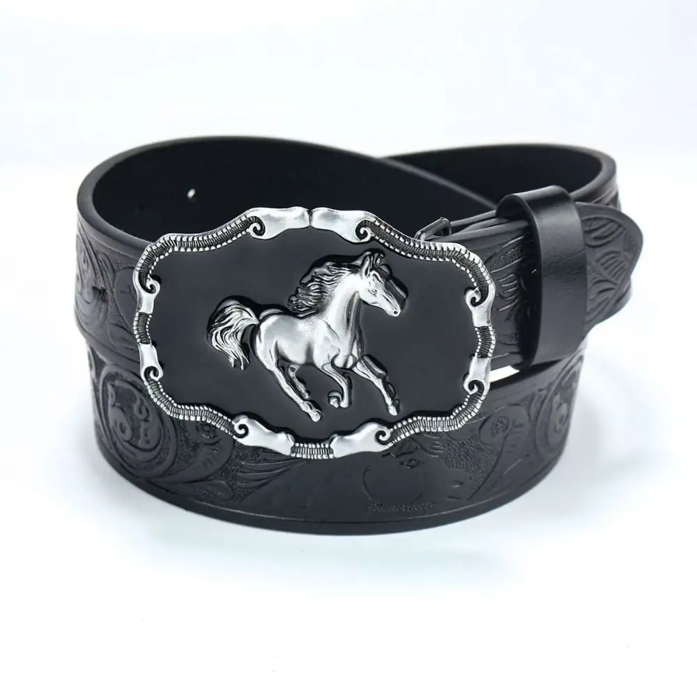 Retro Running Horse Buckle Western Cowboy Belt Luxury Design Trendy Brand Cowboy Waist Belt Floral Embossed Belt For Men Woman